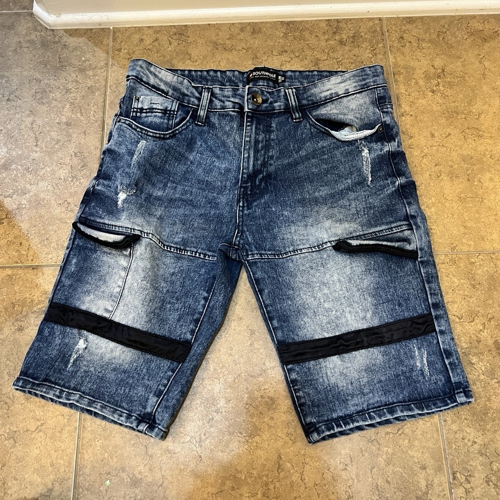 South pole Blue Jean shorts - Size 32 slim - Distressed - Black Stripes - Men's